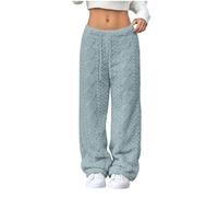 Ladies Trousers Jacquard Solid Elastic Waist Casual Pants Straight Leg Drawstring Jogging Bottoms Fleece Thickened Thermal Tracksuit Bottoms Autumn Winter Lounge Soft Joggers Light Blue