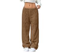 Ladies Trousers Jacquard Solid Elastic Waist Casual Pants Straight Leg Drawstring Jogging Bottoms Fleece Thickened Thermal Tracksuit Bottoms Autumn Winter Lounge Soft Joggers Coffee