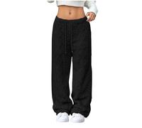 Ladies Trousers Jacquard Solid Elastic Waist Casual Pants Straight Leg Drawstring Jogging Bottoms Fleece Thickened Thermal Tracksuit Bottoms Autumn Winter Lounge Soft Joggers Black