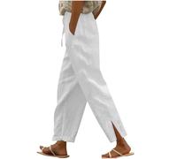 Ladies Trousers Linen Wide Leg Elasticated High Waist Palazzo Women Summer Lightweight Drawstring Baggy Lounge Pants Plain Straight Leg Comfy Casual Holiday Essentials Bottoms with Pocket White