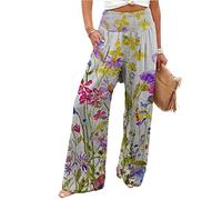 Ladies Trousers, Womens Wide Leg Pants Grey Flower Butterfly Printed Stretchy Waist Smocked Trousers Elegant Palazzo Trousers Casual Lightweight Comfy Summer Pants Boho Oceanside Pants,Purple Flower