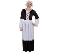 Ladies Tudor Maid Costume - XLarge - Including Brown Long Dress With Detailing on the Sleeve + White Apron + White Mop Cap Perfect for Any Themed Fancy Dress Party
