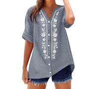Ladies Tunic Tops UK Cotton Linen Tops Womens Fashion Short Sleeve V Neck Button Down Boho Embroidered Floral Blouses Casual Vintage Summer Holiday Vacation Shirts Gray M