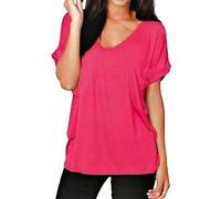 Ladies Turn Up Sleeve Tunic Top Women V Neck Summer T Shirt Plain Printed Short Sleeve Loose Fit Casual Blouse Lightweight Everyday Wear Comfort Style Cerise