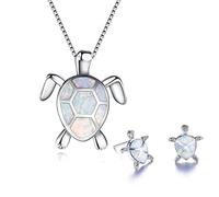 Ladies Turtle Jewellery Set For Women - Necklace Pendant Drop Earrings - Girls Opal Enamel & Silver Plated Matching Charms - with Gift Box (White)