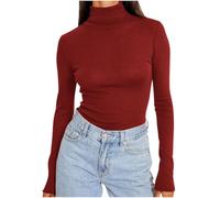 Ladies Turtleneck Jumper Solid Color Shirt for Women Long Sleeve Tops Round Neck Jumpers Classic Sweatshirt Comfortable Blouse Plain Sweatshirts Thermal Blouses Stretch Shirts Daily Costume Red