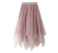 Ladies Tutu Skirt Long Tulle Skirts For Women Casual Sparkly Glitter Midiskirt Knee Length Basic Irregular Meshskirt Asymmetrical Meshdress Party High Waist Layered Yarn Skirt