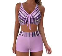 Ladies Two Piece Swimsuits Sexy Pull Up High Waisted Bikini Set Vintage Print Boho Beachwear Swimwear Womens Bras and Boxer Shorts Bathing Suit Red