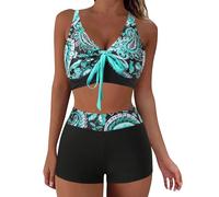 Ladies Two Piece Swimsuits Sexy Pull Up High Waisted Bikini Set Vintage Print Boho Beachwear Swimwear Womens Bras and Boxer Shorts Bathing Suit Black