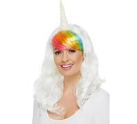 Smiffys Ladies Unicorn Wig with Rainbow Fringe, Fairytale, Wings and Wands Fancy Fancy Dress, Unicorn Dress Up Wigs