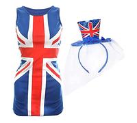 Ladies Union Jack Dress and Mini Fascinator Hat - Small - Blue Dress with Union Jack Flag Design and Mini Union Jack Top Hat with Fascinator - King's Street Party Fancy Dress Cost VE DAY COMMONWEALTH
