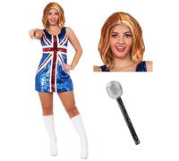 Ladies Union Jack Dress - Red, White and Blue Sequin Union Jack Flag Dress, Ginger Wig and Microphone - Adults Womens 90s Music Icons Britpop Fancy Dress Costume