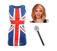 Ladies Union Jack Dress - X-Small - Red, White and Blue Union Jack Flag Dress, Ginger Wig and Microphone - Adults Womens 90s Music Icons Britpop Fancy Dress Costume