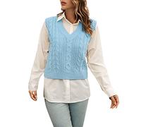 Ladies V Neck Cable Knitted Cricket Jumper Womens Stretch Long Sleeve Stripe Top V-Neck Jumper for Women UK Knitted Vest Tops for Women UK Comfy Sleeveless Soft Daywear Light Blue