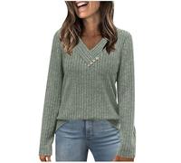 Ladies V Neck Jumpers Casual Solid Colour Sweatshirts Button Knitted Sweater Classic Knit Jumpers for Women UK Long Sleeve Pullover Tops Loose Comfy Knitwear Army Green
