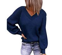 Ladies V Neck Jumpers Jumper Sweater for Women Pullover Womens Oversized Fine Cable Knit Jumper Cute Chunky Knitted Jumpers Sweaters for Women Winter Baggy Warm Plain Cosy Cozy Personalised Navy M