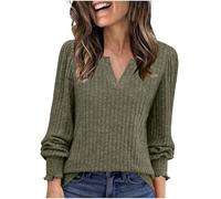 Ladies V Neck Jumpers Long Sleeve Knit Pullover Tops Casual Winter Autumn Comfy Sweater Knitted Jumpers for Women UK Solid Plain Ribbed Knitwear Lightweight Tunic Army Green