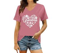Ladies V-Neck T-Shirts Grandma Solid Color Heart Character Printed Short Sleeve T-Shirt Casual Summer Top Work Shirts, pink, XL
