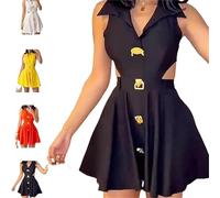 Ladies V-Neck with Metal Button Down Sleeveless Mini Dress, Sexy Hollow Out Waist Work Mini Dresses for Business (Black,XXL)