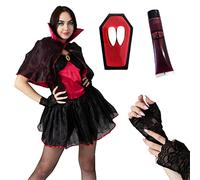 Ladies Vampire Costume - Medium - Black & Red Dress with Netted Skirt, Black & Red Cape, Facepaint and Fake Blood - Adults Halloween Trick or Treat Vampiress Fancy Dress Costume