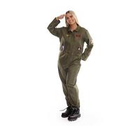 Ladies VE Day Aviator Pilot Costume - Medium - Green Jumpsuit with Attached Military Patches - Womens TV Film Fighter Pilot Fancy Dress Costume
