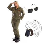 Ladies VE Day Pilot Aviator Costume - Small - Green Jumpsuit with Military Patches, Sunglasses, and Dogtags - Womens Pilot TV Film Fancy Dress Costume