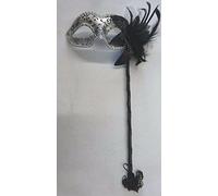 LADIES VENETIAN MASQUERADE BLACK & SILVER CARNIVAL PARTY EYE MASK WITH FLOWER FEATHERS HAND HELD ON A STICK