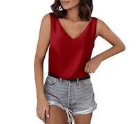 Ladies Vest Lightweight Tank Tops Basic Camisole Tank Tops For Women V Neck Silk Summer Satin Sleeveless Blouse Basic Camisole Shirts Drinking Tops for Women (Red, S)