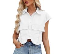 Ladies Vest Lightweight Tank Tops Basic Camisole Womens Summer Cropped Short Cap Sleeve Shirts Solid Lapel Collar Button Down Crop Tops Blouse With Chest Pockets Tops Woman (White, L)