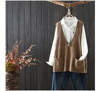 Ladies Vests,Women’S V Neck Sweater Vest Large Size Retro Light Khaki Rhombus Twist Hollow With Pocket Loose Sleeveless Knitted Gilets Waistcoat Preppy Style Jumper Uniform Tank Top,Dark Khaki,Xl