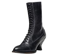 Ladies Victorian Lace Up Boots Vintage Pointed Toe Ankle Boots Block Kitten Heel Goth Boot Wide Calf Solid Knight Boot Mid Heeled Footwear British Style Long Shoes Retro Steampunk Shoe