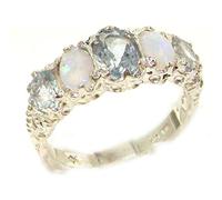 Ladies Victorian Style Solid Hallmarked Sterling Silver Aquamarine & Opal Ring - Size O