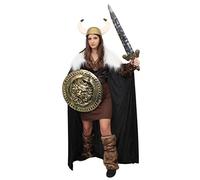 LADIES VIKING FANCY DRESS COSTUME - BROWN TUNIC + CAPE + VIKING HELMET + SWORD AND SHIELD (SMALL)