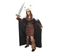 LADIES VIKING FANCY DRESS COSTUME - BROWN TUNIC + CAPE + VIKING HELMET + SWORD (SMALL)