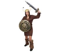 LADIES VIKING FANCY DRESS COSTUME - BROWN TUNIC + GOLD VIKING HELMET + SWORD + SHIELD (XX-LARGE)