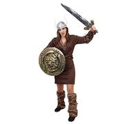 LADIES VIKING FANCY DRESS COSTUME - BROWN TUNIC + SILVER VIKING HELMET + SWORD + SHIELD (X-LARGE)