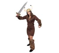 Ladies Viking Fancy Dress Costume - Brown Tunic + Viking Helmet + Sword (Small - Xx-Large)