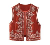 Ladies Waistcoat Floral Gilets Coat for Fringe Sleeveless Crop Cardigan Tops Fuzzy Womens Embroidered Vest Autumn Winter Soft Outwear