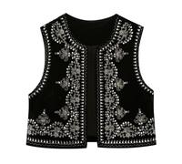 Ladies Waistcoat - Floral Gilets Coat for Ladies Ladies Fringe Waistcoat Sleeveless Crop Cardigan Tops Fuzzy Waistcoat Womens Embroidered Crop Vest Ladies Autumn Winter Soft Coat Outwear Black