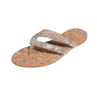 Ladies Walking Flat Flip Flops Colorful Flower Print Sole Glitter hinestone T Strap Clip Toe Sandals Lightweight Cushioned Non Slip Footbed Comfortable Beach Thongs Slippers (Brown, 4.5)