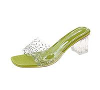 Ladies Walking Sandals Women Sandals Summer Pattern Fashion Rhinestone Pearl Transparent Square Heel Comfortable Non Slip Slip On Shoes
