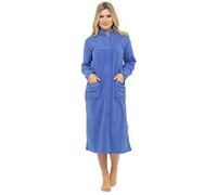 Ladies Warm Fleece Long Sleeve Button & Pockets Front Soft Dressing Gown Jacket (10-12, Dark Blue)