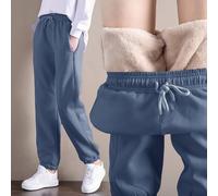 Ladies' Warm Velvet Lined Casual Pants, Solid Colour Winter Trousers with Pocket Straps(L Gray Blue)