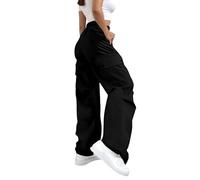 Ladies Waterproof Cargo Trousers Drawstring Elastic High Waist Combat Pants with Multiple Pockets Plain Casual Hiking Wide Leg Tracksuit Bottoms Baggy Lightweight Jogging Work Walking Trouser Black