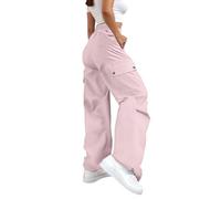 Ladies Waterproof Cargo Trousers Drawstring Elastic High Waist Combat Pants with Multiple Pockets Plain Casual Hiking Wide Leg Tracksuit Bottoms Baggy Lightweight Jogging Work Walking Trouser Pink