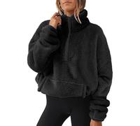 Ladies Waterproof Jackets Long Sleeve Stand Collar Half Zip Teddy Fleece Tunic Tops Jumpers Pullover Tops Sweatshirts Loose Fit Casual Fluffy Fall Winter Warm Coats Black L