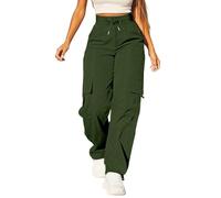 Ladies Waterproof Trousers Solid Color Drawstring Elastic High Waist Straight Wide Leg Casual Pants, Outdoor Lightweight Hiking Jogging Camping Workwear with Multiple Pockets Green
