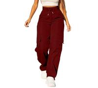 Ladies Waterproof Trousers Solid Color Drawstring Elastic High Waist Straight Wide Leg Casual Pants, Outdoor Lightweight Hiking Jogging Camping Workwear with Multiple Pockets Wine