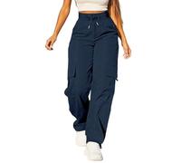 Ladies Waterproof Trousers Solid Color Drawstring Elastic High Waist Straight Wide Leg Casual Pants, Outdoor Lightweight Hiking Jogging Camping Workwear with Multiple Pockets Navy