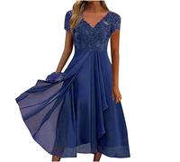 Ladies Wedding Guest Petite Lace Chiffon Elegant Dress - Sexy V Neck Short Sleeve Below The Knee Midi for Evening Party Special Occasions